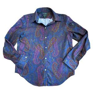 LRL Ralph Lauren Shirt Medium Blue Purple Paisley Non Iron Button Up Cotton